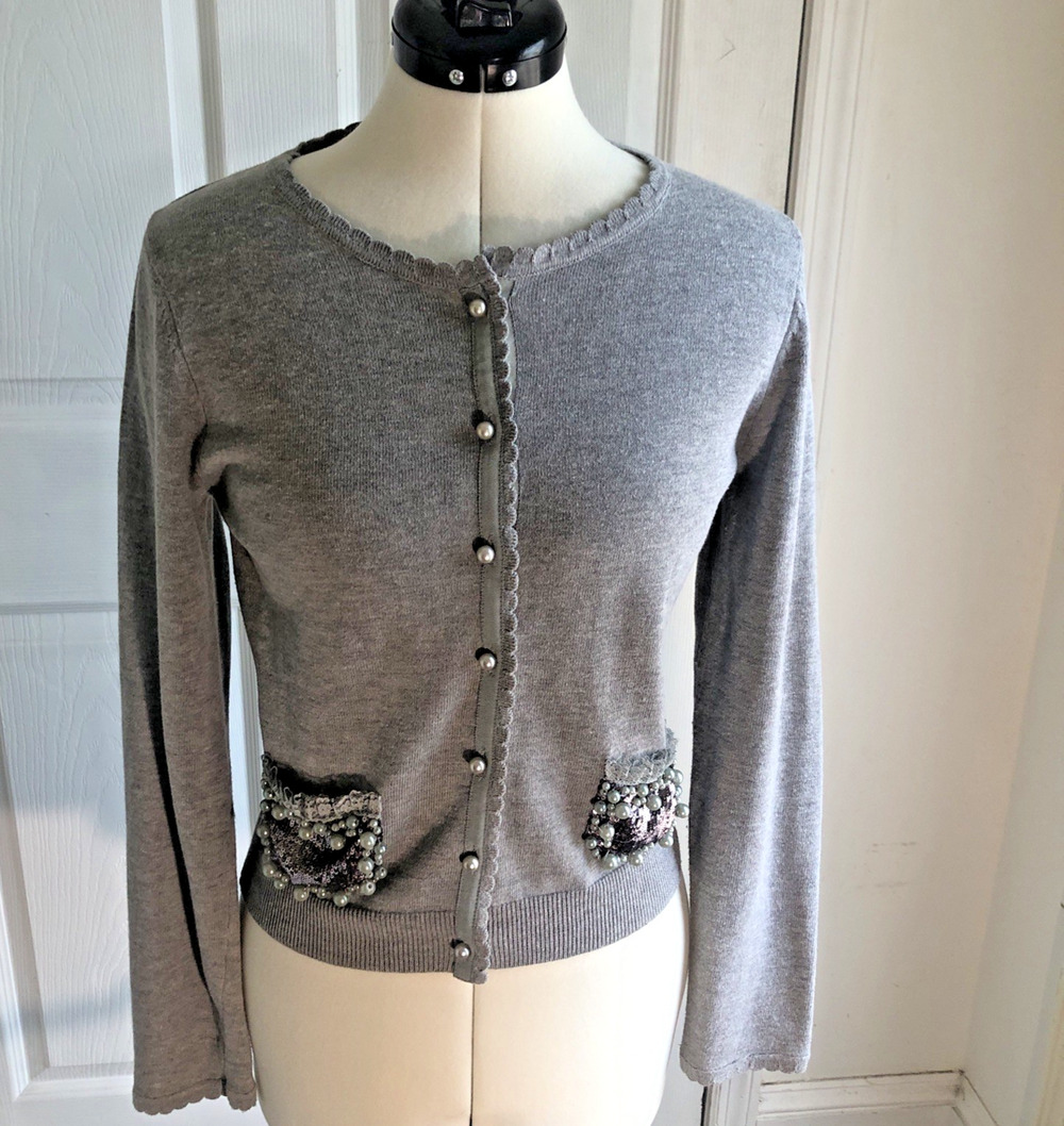 Y2K cardigan sweater embellished bejeweled sequin pearls gray coquette Mcbling